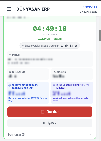 Dünyasan ERP'nin tezgah panelindeki görünümü